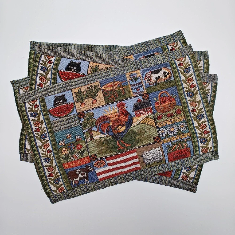Set of 7‎ Vintage Farmhouse Rooster Tapestry Placemats Country Kitchen Woven